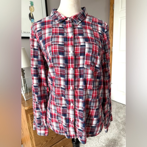 Tommy Hilfiger 100% cotton red white blue long sleeve button up shirt large size - Picture 1 of 6